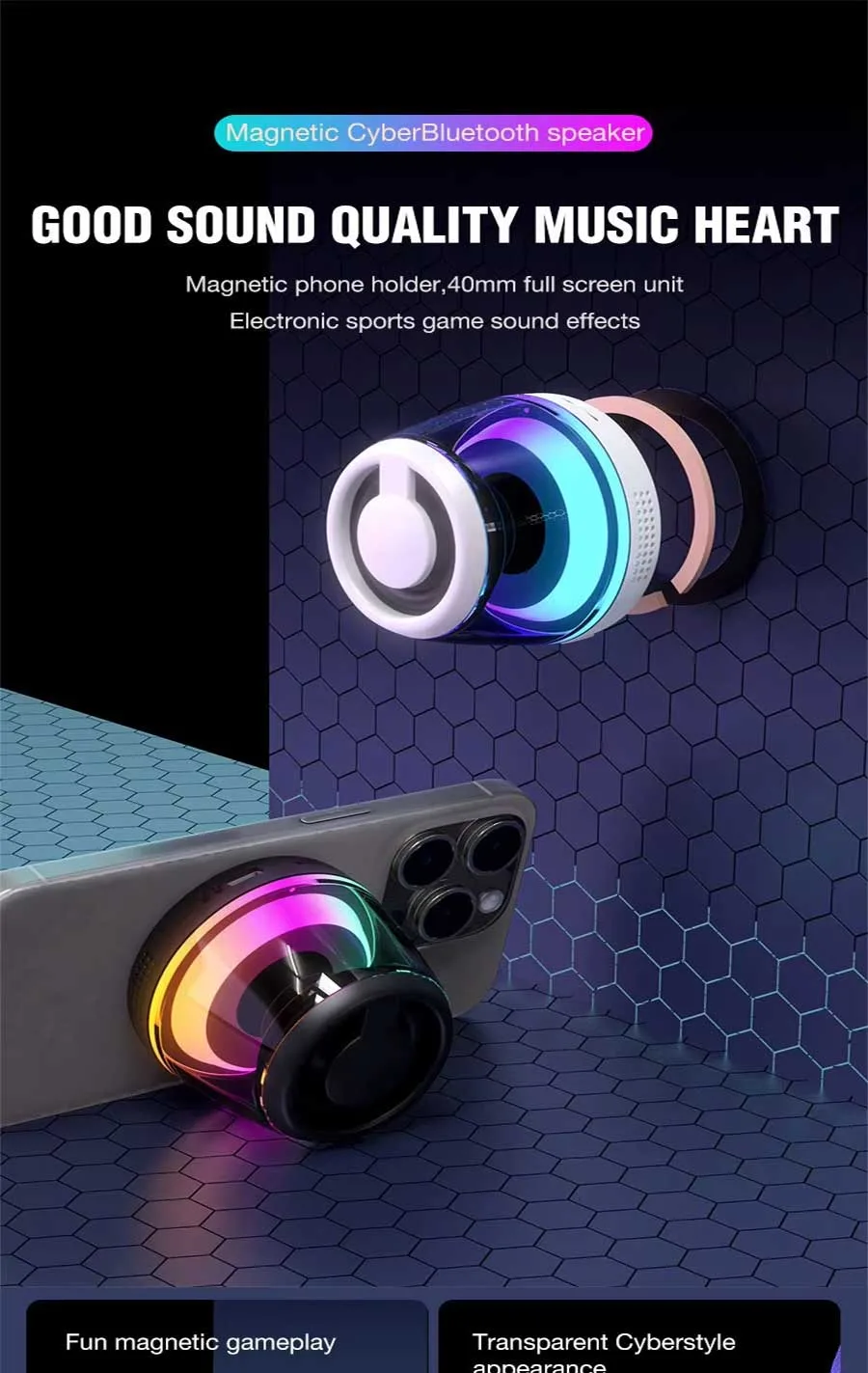 Smartphone attached to M2 speaker via built-in magnetic holder