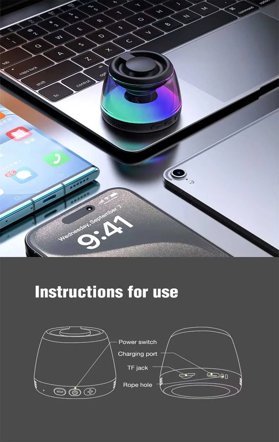 Vositone M2 Mini Speaker with magnetic phone mount & pulsating LED ring