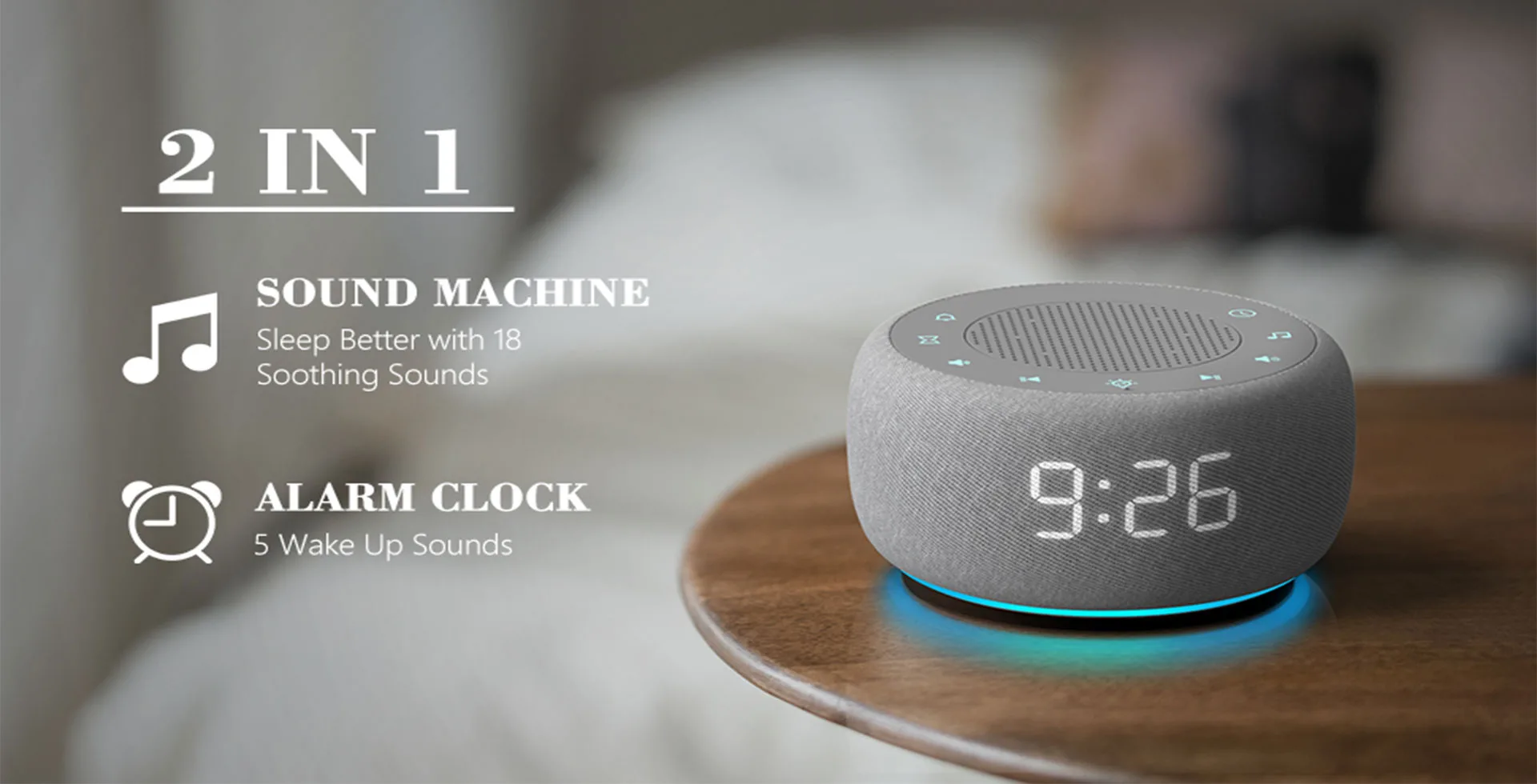Vositone SM2401 2-in-1 Sound Machine & Alarm Clock with 18 Soothing Sounds, 7-Color Night Light