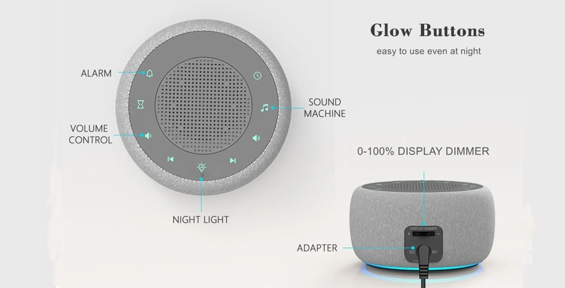 Vositone SM2401 2-in-1 Sound Machine & Alarm Clock with 18 Soothing Sounds, 7-Color Night Light