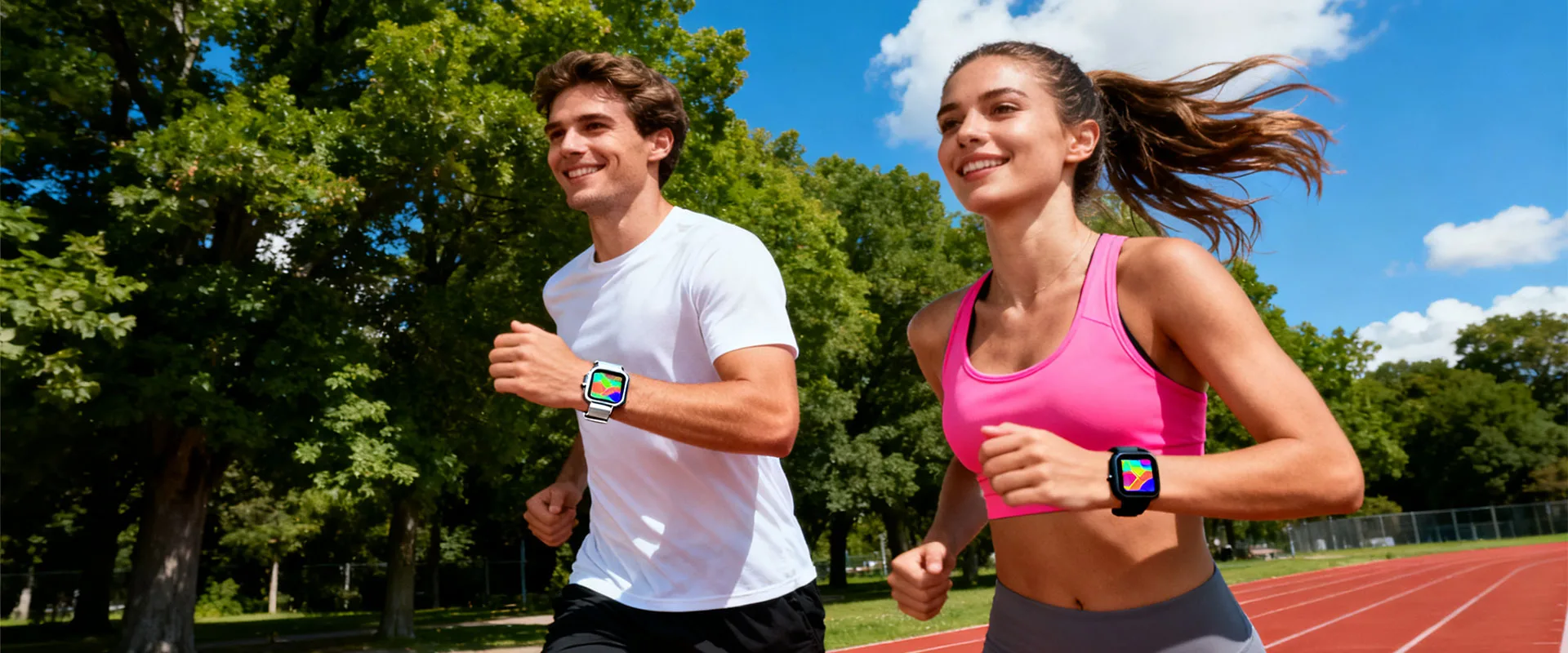 Vositone Fitness Tracker on runner's wrist showing real-time GPS route map and heart rate zones during trail workout, biometric sensors health monitoring