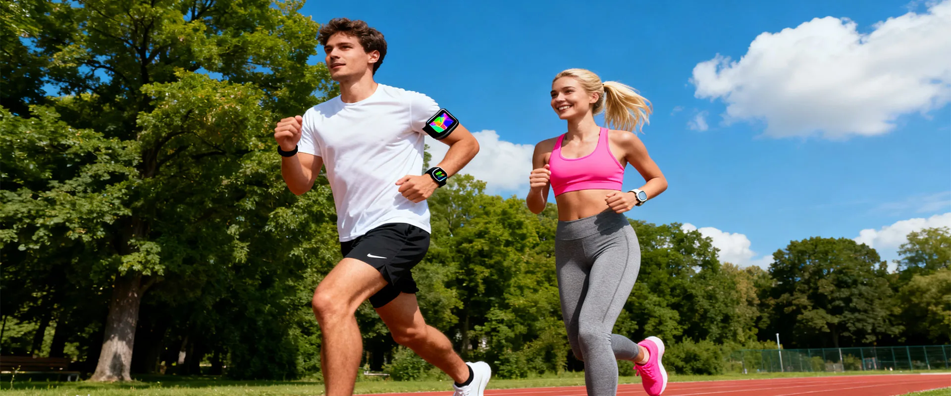 Vositone Fitness Tracker on runner's wrist showing real-time GPS route map and heart rate zones during trail workout